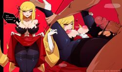 1boy 1girl bare_shoulders black_pantyhose blonde_hair blush_stickers breasts clothed_female_nude_male clothes_lift commentary completely_nude elbow_gloves english_commentary english_text frottage gloves grabbing_another&#039;s_breast groping hetero high_heels kiss-shot_acerola-orion_heart-under-blade large_breasts long_hair medium_skirt monogatari_(series) nerfechi nipples nude oshino_shinobu pantyhose penis pointy_ears red_skirt shoes skirt skirt_lift torn_clothes torn_pantyhose uncensored veins veiny_penis very_long_hair watermark web_address white_gloves white_shoes yellow_eyes