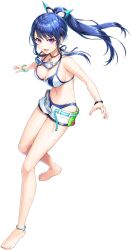 1girl artist_request bare_arms bare_shoulders barefoot blue_hair bracelet breasts cleavage full_body game_cg goggles goggles_around_neck jewelry makia_croft navel necklace official_alternate_costume official_art pink_eyes ponytail short_shorts shorts sideboob solo source_request swim_goggles swimsuit transparent_background unitia