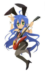 Rule 34 | 1girl, :3, absurdres, ahoge, animal ears, anime coloring, arm up, ass, bare shoulders, black bow, black bowtie, black leotard, black pantyhose, black shoes, blue hair, bow, bowtie, character name, closed mouth, electric guitar, fake animal ears, fake tail, flat chest, floating, full body, green eyes, guitar, hair between eyes, hand up, happy, high heels, highres, holding, holding guitar, holding instrument, instrument, izumi konata, knee up, leotard, light blush, long hair, looking ahead, lucky star, midair, mole, mole under eye, official art, pantyhose, playboy bunny, rabbit tail, scan, shoes, simple background, solo, tachi-e, tail, third-party source, traditional bowtie, turning around, v, v-shaped eyebrows, very long hair, white background, white tail, white wrist cuffs, wrist cuffs, yoshimizu kagami