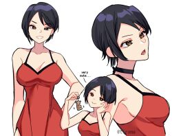1girl ada_wong animal_charm bare_arms bare_shoulders black_choker black_hair breasts brown_eyes choker cleavage closed_mouth dress english_text head_on_hand highres medium_breasts multiple_views open_mouth parted_bangs parted_lips pelvic_curtain red_dress resident_evil resident_evil_4 short_hair sideboob smile solo stuffed_animal stuffed_toy teddy_bear tiroma twitter_username upper_body white_background