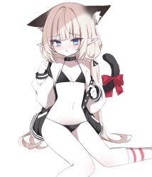 Rule 34 | 1girl, absurdres, animal ears, artist request, bikini, black bikini, black jacket, blonde hair, blue eyes, blush, cat ears, cat tail, commission, hands up, highres, jacket, kneehighs, long hair, long sleeves, looking at viewer, multicolored jacket, navel, off shoulder, open clothes, open jacket, original, parted lips, pointy ears, second-party source, simple background, sitting, socks, solo, stomach, swimsuit, tail, twintails, two-tone jacket, very long hair, white background, white jacket, white socks