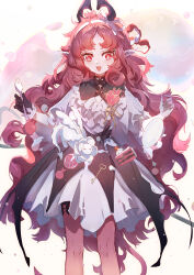 1girl absurdres arknights black_gloves bright_pupils chinese_commentary commentary_request demon_girl demon_horns dress food fork gloves highres holding holding_fork horns long_hair nymph_(arknights) open_mouth red_eyes red_hair sao7 single_glove solo very_long_hair wavy_hair white_pupils