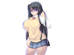 1girl arm_at_side black_hair blue_eyes blunt_bangs breasts crazy_eyes crazy_smile energy eyes_visible_through_hair game_cg glowing glowing_eyes hair_ornament hairclip large_breasts long_hair looking_at_viewer miniskirt mole mole_under_mouth mon-musu_quest! mon-musu_quest:_paradox myusca_(succubus_prison) necktie nose partially_shaded_face plaid_clothes plaid_necktie plaid_skirt playing_with_own_hair pointy_ears purple_eyes red_necktie shiki_(psychedelic_g2) side_ponytail skirt smile succubus_prison sweater_vest thighs variant_set very_long_hair x_hair_ornament