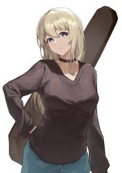 Rule 34 | 1girl, absurdres, arm at side, black choker, black sweater, blonde hair, blue eyes, blue pants, breasts, choker, closed mouth, commentary, cowboy shot, denim, expressionless, facing viewer, girls band cry, guitar case, hand on own hip, highres, instrument case, jeans, kawaragi momoka, large breasts, long sleeves, pants, sideways glance, simple background, solo, standing, sweater, tendai no karasu, v-neck, white background