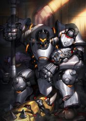 1girl 2boys absurdres after_battle armor bald blood bodysuit breasts center_opening colored_skin commentary dark_skin doomfist_(overwatch) english_commentary full_armor gauntlets hammer head-mounted_display helmet hichi highres indoors medium_breasts multiple_boys neon_trim no_bra overwatch overwatch_1 pauldrons pink_bodysuit planted power_armor purple_skin reinhardt_(overwatch) shoulder_armor sitting sitting_on_person solo_focus stepped_on unconscious very_dark_skin victory_pose weapon widowmaker_(overwatch)