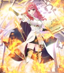 1girl absurdres arch armor armored_boots black_gloves black_skirt black_thighhighs book boots breastplate breasts cape celica_(fire_emblem) choker church commission commissioner_upload dress earrings fingerless_gloves fire fire_emblem fire_emblem_echoes:_shadows_of_valentia gloves highres holding holding_book jewelry kakiko210 long_hair looking_at_viewer magic medium_breasts nintendo orange_eyes orange_hair priestess princess red_eyes red_hair skeb_commission skirt solo stained_glass temple thighhighs thighs tiara white_armor white_dress window