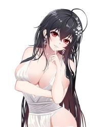 1girl azur_lane bare_shoulders black_hair breasts cleavage closed_mouth collarbone crossed_arms dress earrings finger_to_mouth flower hair_flower hair_ornament hairclip highres jewelry large_breasts lips lml long_hair looking_at_viewer necklace official_alternate_costume red_eyes shushing smile solo taihou_(azur_lane) taihou_(temptation_on_the_sea_breeze)_(azur_lane) upper_body white_background white_dress
