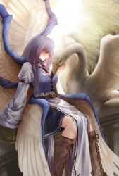 1girl angel_wings belt bird black_skirt blue_hair blue_nails blue_vest blush boots breasts brown_belt brown_boots closed_eyes collared_dress dress feathered_wings feet_out_of_frame genderswap genderswap_(otf) highres lace-up_boots large_breasts long_hair long_sleeves multiple_wings nail_polish parted_lips pelvic_curtain sariel_(touhou) seraph sitting skirt skirt_under_dress sleeves_past_fingers sleeves_past_wrists solo swan teruteru12 touhou touhou_(pc-98) vest white_dress white_wings wide_sleeves wings