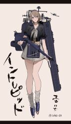 1girl aircraft airplane black_shirt blue_eyes bolt_action breasts brown_hair brown_neckerchief brown_skirt closed_mouth commentary_request flight_deck full_body gun gun_sling hair_between_eyes high_side_ponytail highres holding holding_gun holding_weapon ichimonme_(ichi) intrepid_(kancolle) kantai_collection large_breasts looking_at_viewer m1903_springfield military_vehicle neck_pillow neckerchief ponytail propeller_fighter rifle rigging shirt short_hair simple_background skirt smile solo translation_request twitter_username weapon