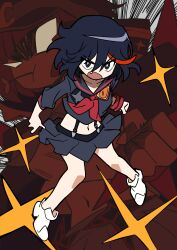 Rule 34 | 2girls, absurdres, black hair, black sailor collar, black skirt, blank eyes, character background, fang, full body, grey eyes, highres, kill la kill, looking at viewer, mankanshoku mako, matoi ryuuko, midriff, miniskirt, multicolored hair, multiple girls, navel, neckerchief, no dickey, open mouth, pleated skirt, red neckerchief, sailor collar, school uniform, senketsu, serafuku, shoes, skirt, standing, streaked hair, suspenders, white shoes, yuateheng