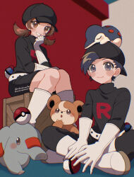 1boy 1girl :o belt black_eyes black_hair black_shirt black_skirt blush blush_stickers boots brown_eyes brown_hair closed_mouth commentary_request crate crossed_legs cyndaquil ethan_(pokemon) gen_2_pokemon gloves great_ball hand_on_own_chin highres looking_at_viewer lyra_(pokemon) medium_hair mikakami1e nintendo on_head phanpy poke_ball poke_ball_(basic) pokemon pokemon_(creature) pokemon_hgss pokemon_on_head redrawn shirt short_hair sitting skirt smile team_rocket team_rocket_uniform teddiursa teeth twintails white_belt white_boots white_gloves