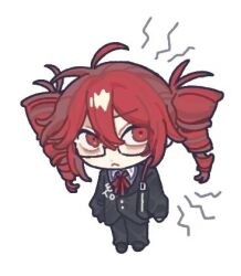 1girl :&lt; alternate_costume antenna_hair bag bags_under_eyes big_head black_jacket black_pants black_shoes buttons chibi chibi_only collared_shirt drill_hair full_body glasses hair_between_eyes jacket kasane_teto lowres messy_hair neck_ribbon pants red_eyes red_ribbon ribbon shirt shoes shoulder_bag simple_background solo suit_jacket twin_drills utau white_background white_shirt wing_collar yjngshdsng69835