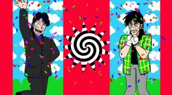 2boys arm_up black_hair black_jacket black_pants black_shirt blazer blue_jacket clenched_teeth closed_eyes collared_shirt confetti constricted_pupils facial_scar feet_out_of_frame formal_clothes fukumoto_nobuyuki_(style) gloves green_shirt highres ichijou_seiya itou_kaiji jacket kaiji long_hair long_sleeves looking_at_viewer male_focus mesmerizer_(vocaloid) multiple_boys necktie open_clothes open_mouth open_shirt pants parody plaid_clothes plaid_shirt pointy_nose red_necktie scar scar_on_cheek scar_on_face shirt short_sleeves smile spiral standing style_parody suit sweat teeth tridecagram undershirt white_gloves yologyeolseogchung-gyeogpaswaeseogsul