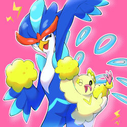 :o bird black_eyes blue_eyes cheering game_freak gen_7_pokemon highres maaji_(pixvi9868527) nintendo no_humans one_eye_closed oricorio pink_background pokemon pom_pom_(cheerleading) quaquaval simple_background