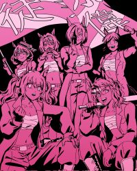 Rule 34 | 6+girls, air groove (umamusume), animal ear piercing, arm up, bandaid, bandaid on cheek, bandaid on face, baseball bat, boater hat, chest sarashi, clenched hand, coat, collarbone, commentary, delinquent, ear ornament, ears through headwear, flag, hair intakes, hair ornament, hair ribbon, hairclip, half up half down braid, hand on own knee, highres, holding, holding baseball bat, holding flag, jungle pocket (umamusume), korean commentary, long hair, looking at viewer, medium hair, midriff, monochrome, multicolored hair, multiple girls, nail polish, navel, north flight (umamusume), notched ear, open clothes, open coat, pants, parted bangs, partially shaded face, pink theme, ribbon, sakura chitose o (umamusume), sarashi, short hair, slav squatting, squatting, steepled fingers, streaked hair, summmmuuma, tilted headwear, tokkoufuku, tongue, tongue out, tosen jordan (umamusume), twintails, umamusume, umayuru, winning ticket (umamusume)