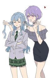 2girls absurdres bang_dream! bang_dream!_it&#039;s_mygo!!!!! black_choker black_skirt blue_hair braid chinese_commentary choker closed_mouth commentary_request diagonal-striped_clothes diagonal-striped_necktie frilled_shirt frills green_necktie green_skirt grey_jacket grey_shirt haneoka_school_uniform heart highres holding_another&#039;s_hair inumi_(780956) jacket long_hair multiple_girls necktie off-shoulder_shirt off_shoulder pink_eyes plaid_clothes plaid_skirt pleated_skirt purple_hair school_uniform shirt short_hair short_sleeves simple_background skirt striped_clothes sweatdrop togawa_sakiko two_side_up white_background yuutenji_nyamu