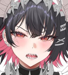 1girl black_hair blush close-up colored_inner_hair ear_piercing earclip ellen_joe hair_between_eyes hair_ornament hairband half-closed_eyes lips looking_at_viewer maid_headdress medium_hair metal_hairband mole mole_under_eye multicolored_hair multiple_moles nompang open_mouth piercing pink_hair portrait razor_blade_hair_ornament red_eyes sharp_teeth simple_background solo spiked_headband teeth white_background x_hair_ornament zenless_zone_zero