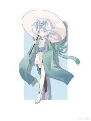 1girl absurdres asymmetrical_legwear belt blue_eyes boots chinese_clothes closed_mouth colored_eyelashes full_body highres holding holding_umbrella long_sleeves short_hair simple_background single_bare_leg solo tassel umbrella umbrella_tassel vocaloid vsinger_(vocaloid) walking white_boots white_eyelashes white_hair wide_sleeves yanhe