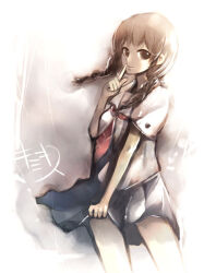 1girl bad_id blue_skirt braid brown_eyes brown_hair closed_mouth commentary_request finger_to_mouth hand_up kei_(keigarou) kibina_high_school_uniform kimi_kiss legs_apart long_hair miniskirt mizusawa_mao pleated_skirt school_uniform shirt short_sleeves skirt smile solo standing twin_braids white_shirt