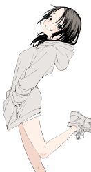 1girl absurdres black_hair blush brown_eyes clenched_teeth grey_jacket grey_shoes hands_in_pockets highres hood hooded_jacket jacket long_sleeves looking_at_viewer manemane_nichinichi medium_hair nagisa_akane shoes simple_background smile sneakers solo standing standing_on_one_leg teeth white_background yamamoto_souichirou