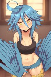 1girl ahoge artist_name bare_shoulders bird_legs black_tank_top blue_feathers blue_shorts blue_wings blush breasts commentary english_commentary feathered_wings feathers hair_between_eyes harpy highres huge_ahoge looking_at_viewer medium_breasts medium_hair midriff mischiefmiz monster_girl monster_musume_no_iru_nichijou navel papi_(monster_musume) revision shorts sidelocks smile solo tank_top winged_arms wings yellow_eyes