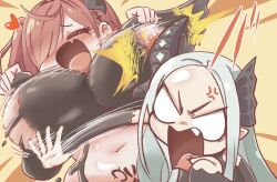 2girls =_= ^^^ anger_vein asymmetrical_horns blush bouncing_breasts breasts chinese_commentary clenched_hands commentary_request earrings elbow_gloves fang gloves goddess_of_victory:_nikke green_hair heart highres horns jewelry large_breasts leviathan_(nikke) liquid_clothes long_hair masochism motion_lines multiple_girls navel no_pupils one_side_up open_mouth pointy_ears pubic_tattoo red_hair skin_fang slapping slapping_breasts stupidleon2 tattoo ziz_(nikke)