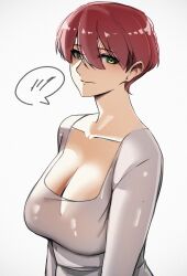 1girl absurdres breasts cleavage code_nt collarbone green_eyes grey_shirt highres large_breasts looking_at_viewer neck original pale_skin red_hair shirt short_hair white_background