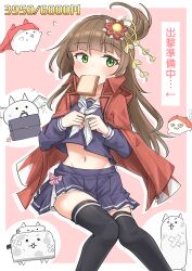 1girl absurdres black_thighhighs blue_serafuku blue_skirt brown_hair commentary_request green_eyes highres jacket jacket_on_shoulders kyousaka_nanaho long_hair midriff miniskirt navel neckerchief nyanko_daisensou pleated_skirt red_jacket school_uniform serafuku skirt solo thighhighs translation_request white_neckerchief youyume-kun zettai_ryouiki