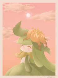1girl ^_^ artist_name blush border character_name closed_eyes cloud colored_skin crown dated english_text female_focus flat_chest flower from_side full_moon gen_5_pokemon gradient_background gradient_sky green_hair grey_border hair_flower hair_ornament happy highres lemonade_kokoi lilligant long_hair mini_crown monster_girl moon night nintendo no_mouth outdoors plant_girl plant_hair pokemon pokemon_(creature) red_background red_flower red_sky sidelocks signature sky solo standing star_(sky) twitter_username upper_body white_skin yellow_headwear