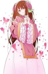 Rule 34 | 1girl, axis powers hetalia, brown eyes, brown hair, bug, butterfly, butterfly background, chinese clothes, commentary request, cowboy shot, fingernails, flower, frills, green ribbon, hair between eyes, hair flower, hair ornament, hair ribbon, hands up, insect, long fingernails, long hair, long sleeves, looking at viewer, nail polish, open mouth, own hands together, petals, pink butterfly, pink flower, pink nails, pink shirt, ribbon, sheer candy, shirt, skirt, solo, standing, taiwan (hetalia), white background, white skirt, wide sleeves