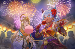 Rule 34 | 2girls, aerial fireworks, arm guards, armor, blonde hair, blue eyes, blunt bangs, candy apple, dark-skinned female, dark skin, earrings, fireworks, flower, flower ornament, food, gloves, green eyes, hair flower, hair ornament, head chain, hibiscus, highres, holding, holding candy apple, holding food, japanese armor, japanese clothes, jewelry, kanata (rune factory), long hair, long sidelocks, long sleeves, looking up, matsuri (rune factory), multiple girls, night, official art, open mouth, red flower, rune factory, rune factory: guardians of azuma, sheath, shirt, sidelocks, summer festival, sun hair ornament, sword, tan, weapon, white hair, yakisoba, yellow shirt