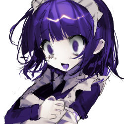 1girl anal_bb apron blurry crazy_eyes futaba_channel highres maid_apron maid_headdress nijiura_maids pill purple_eyes purple_hair tears yakui