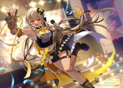 1girl :d back_bow black_boots black_overskirt black_shorts blonde_hair boots bow commentary_request cropped_shirt dancing dark-skinned_female dark_skin detached_sleeves fang fanged_bangs fujishiro_kokoa hair_bow hair_ribbon hand_up highres holding holding_microphone huge_bow idol idol_clothes kaminari_qpi lace-up_boots lapels long_hair long_sleeves microphone midriff_peek notched_lapels open_mouth orange_eyes partial_commentary projected_inset ribbon see-through_clothes see-through_sleeves shirt shorts skin_fang sleeveless sleeveless_shirt smile stage standing standing_on_one_leg thigh_strap very_long_hair virtual_youtuber vspo!