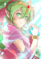 1girl absurdres ailheim closed_mouth dragonstone dress fire_emblem fire_emblem:_mystery_of_the_emblem from_side green_eyes green_hair hair_between_eyes highres long_hair looking_at_viewer nintendo pink_dress pointy_ears ponytail smile solo tiara tiki_(fire_emblem) tiki_(young)_(fire_emblem) very_long_hair