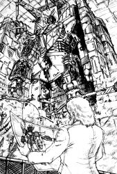 1970s_(style) 1980s_(style) 1boy beard blueprint_(object) character_request construction daitarn_3 facial_hair greyscale hangar highres ink_(medium) lab_coat machinery magazine_scan mecha monochrome muteki_koujin_daitarn_3 official_art old oldschool oohata_kouichi out_(magazine) promotional_art retro_artstyle robot scan science_fiction scientist super_robot traditional_media upper_body watch wristwatch