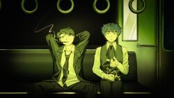 Rule 34 | 2boys, absurdres, arms behind head, asher11432, black coat, black hair, black necktie, black vest, blue hair, brooch, chesed (project moon), coat, collared shirt, cowboy shot, dark, frills, green theme, hand on lap, highres, holding, holding lighter, jewelry, leaning back, library of ruina, lighter, male focus, mirror, multiple boys, necktie, open clothes, open coat, project moon, roland (project moon), shirt, short hair, sitting, smoking, spread legs, train interior, vest, white shirt, window
