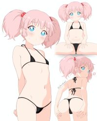 1girl anger_vein angry ass bikini blue_eyes blush breasts child chrislu07 closed_mouth dot_nose female_focus hair_bobbles hair_ornament highres loli looking_at_viewer looking_back micro_bikini multiple_views navel pink_hair short_hair simple_background small_breasts sweatdrop swimsuit twintails twitter_username white_background yoshikawa_chinatsu yuru_yuri