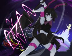 Rule 34 | 1girl, absurdres, animal ears, armpits, black hair, black shirt, black skirt, blunt bangs, colored skin, commentary request, feet out of frame, greatsword, heavyblade rabbit, highres, holding, holding sword, holding weapon, korean commentary, long hair, looking at viewer, midriff, navel, neck ribbon, pink ribbon, purple eyes, purple sky, rabbit and steel, rabbit ears, rabbit girl, ribbon, shirt, skirt, sky, sleeveless, sleeveless shirt, solo, sword, thigh strap, v-shaped eyebrows, veriny, very long hair, weapon, white skin