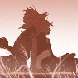 1boy 1girl 55bata6rou back-to-back blonde_hair blurry blurry_foreground braid closed_eyes crown_braid floating_hair from_side gradient_background grass highres link long_hair nintendo parted_lips pointy_ears princess_zelda profile shirt short_hair short_sleeves sitting the_legend_of_zelda the_legend_of_zelda:_tears_of_the_kingdom