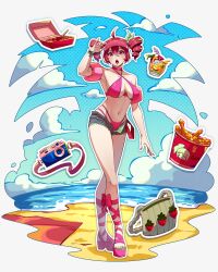 1girl :o absurdres ahoge alternate_costume bag beach bikini bow bracelet breasts bucket bucket_of_chicken camera chicken_(food) choker cleavage cloud drill_hair drinking_straw fingernails food fried_chicken fruit full_body glass hair_between_eyes highres jekjekxie jewelry kasane_teto lace large_breasts looking_at_viewer nail_polish navel ocean open_mouth red_bikini red_bow red_choker red_eyes red_hair red_nails sand sandals shorts sky solo standing strawberry swimsuit synthesizer_v towel twin_drills twintails utau visor_cap white_background