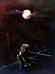 1boy batman_(series) boots cape dark dc_comics dick_grayson domino_mask fighting_stance full_moon gloves ladama male_focus mask moon moonlight night outdoors pole robin_(dc) solo squatting teen_titans weapon