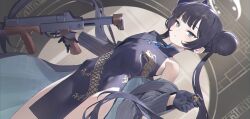 1girl absurdres bare_shoulders black_dress black_gloves black_hair blue_archive blush braid braided_bun breasts butterfly_hair_ornament china_dress chinese_clothes coat cs/ls06 double_bun dragon_print dress gloves grey_coat grey_eyes gun hair_bun hair_ornament halo highres holding holding_gun holding_weapon indoors jacket kisaki_(blue_archive) long_hair long_sleeves looking_at_viewer off_shoulder parted_lips pelvic_curtain pinstripe_jacket pinstripe_pattern print_dress ramuri sidelocks sleeveless sleeveless_dress small_breasts solo striped_clothes striped_coat striped_jacket twintails vertical-striped_clothes vertical-striped_coat vertical-striped_jacket very_long_hair weapon