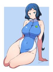 Rule 34 | 1girl, artist name, bare shoulders, batta 16-sei, blue hair, blue leotard, blush, breasts, collarbone, covered navel, green eyes, gundam, gundam build fighters, highres, iori rinko, large breasts, leotard, long hair, looking at viewer, mature female, smile, thick thighs, thighs, wide hips