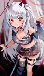 1girl absurdres asymmetrical_legwear belt black_belt black_bra black_horns black_nails blue_thighhighs bra bra_strap breasts chain cleavage collar commission fishnet_sleeves fishnet_thighhighs fishnets hair_ornament heart heart_o-ring highres horns indie_virtual_youtuber long_hair lowleg lowleg_skirt lucy_pyre midriff mismatched_legwear navel o-ring off-shoulder_shirt off_shoulder panty_straps plaid_clothes plaid_skirt pointy_ears punk red_eyes red_skirt shirt skeb_commission skirt smile solo spiked_collar spikes striped_clothes striped_thighhighs tanaka_(vgnu3845) thighhighs torn_clothes torn_shirt twintails underwear virtual_youtuber white_hair