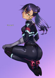1girl aona_(anagasaki) artist_name ass black_bodysuit black_hair blush bodysuit boots breasts closed_mouth dark-skinned_female dark_skin from_behind full_body gloves gradient_background green_eyes grey_gloves gundam gundam_gquuuuuux hair_between_eyes hair_bun high_heels highres long_hair looking_at_viewer looking_back mecha_pilot_suit multicolored_hair normal_suit nyaan_(gundam_gquuuuuux) ponytail purple_background purple_hair shiny_clothes simple_background single_hair_bun skin_tight small_breasts solo squatting streaked_hair two-tone_hair yellow_eyes