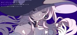 1girl blue_background brown_hair choker genshou_ex hat herta_(honkai:_star_rail) highres honkai:_star_rail honkai_(series) long_hair purple_choker purple_eyes simple_background smile solo the_herta_(honkai:_star_rail) witch witch_hat