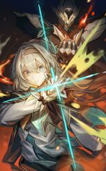1girl 1other 8873206812 absurdres armor black_capelet black_hairband blue_eyes blue_pupils bright_pupils capelet chinese_commentary clenched_hand commentary_request dual_persona fire firefly_(honkai:_star_rail) grey_hair hair_intakes hair_ornament hairband half_updo helm helmet highres holding honkai:_star_rail honkai_(series) jacket lens_flare long_hair long_sleeves looking_at_viewer pauldrons power_armor sam_(honkai:_star_rail) serious shoulder_armor upper_body white_jacket