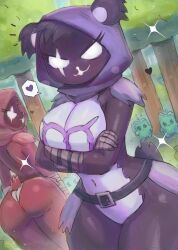 2girls :3 absurdres animal_ears ass bear_ears bear_girl bear_tail belt black_belt bodysuit broken_heart broken_heart_print bush claws creature crossed_arms cuddly_raven_team_leader_(fortnite) epic_games forest fortnite from_behind gloves grass grey_gloves heart heart_print highres holding holding_knife hood hood_up knife looking_at_viewer looking_back multiple_girls nature open_mouth pink_bodysuit pink_eyes print_bodysuit purple_bodysuit purple_eyes raven_team_leader scar scar_across_eye scar_on_face smile sparkle speech_bubble spoken_heart standing tail thick_thighs thighs tony_welt tree water_sprite_(fortnite) wide_hips