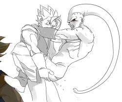 2boys ass blush clenched_teeth cum dragon_ball dragonball_z earrings highres jewelry linisthename looking_at_another majin_buu male_focus multiple_boys muscular muscular_male potara_earrings super_buu super_saiyan suspended_congress teeth vegetto yaoi