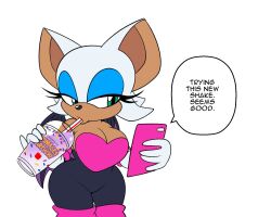 1girl animal_ears bat_ears bat_girl bat_tail bat_wings blue_eyeshadow breasts commentary cup drinking english_commentary english_text eyeshadow furry furry_female grimace_shake_(meme) highres holding holding_cup holding_phone large_breasts makeup meme omegasunburst phone rouge_the_bat solo sonic_(series) speech_bubble white_fur wings